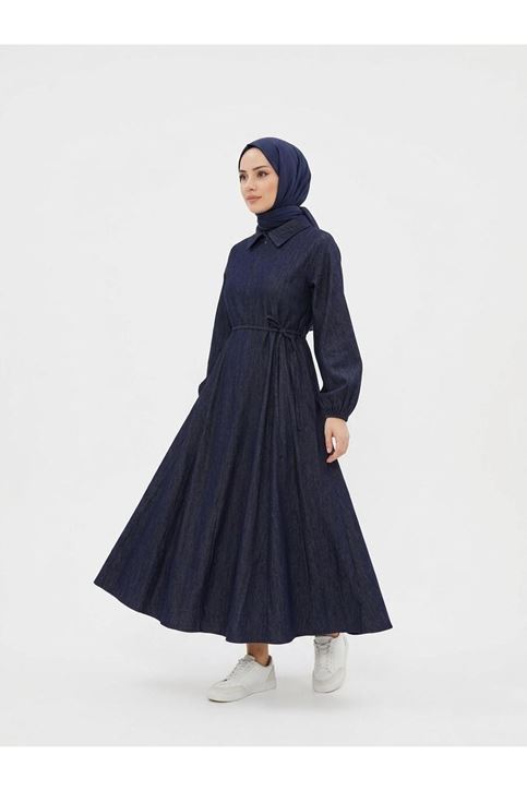 Yakalı Fermuar Detay Elbise-Lacivert