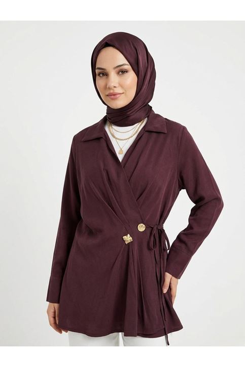 Çift Düğmeli Bağcıklı Tunik-Bordo