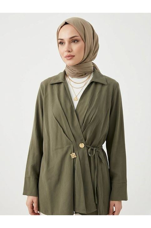 Çift Düğmeli Bağcıklı Tunik-Haki