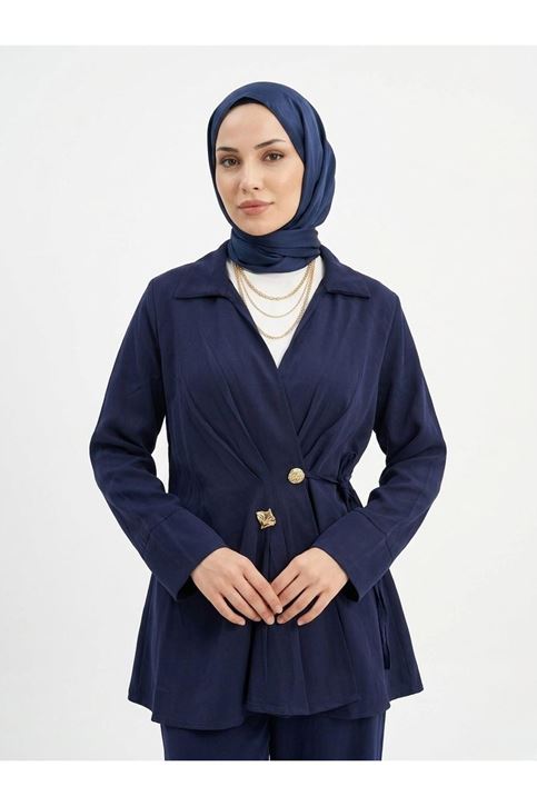 Çift Düğmeli Bağcıklı Tunik-Lacivert