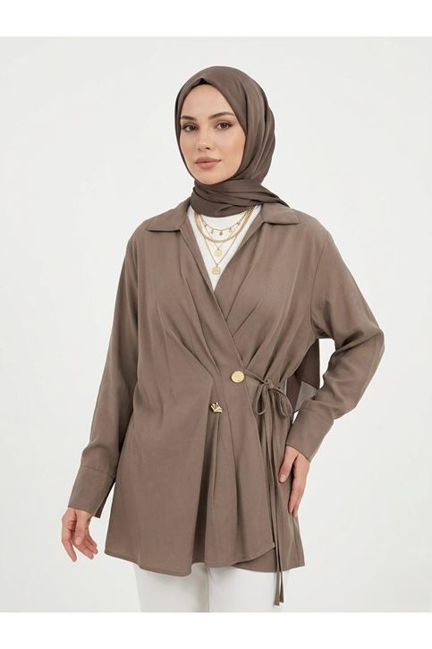 Çift Düğmeli Bağcıklı Tunik-Vizon