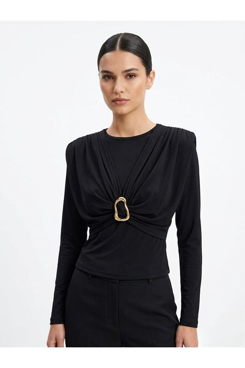 Omuz Büzgülü Toka Detay Bluz-Siyah