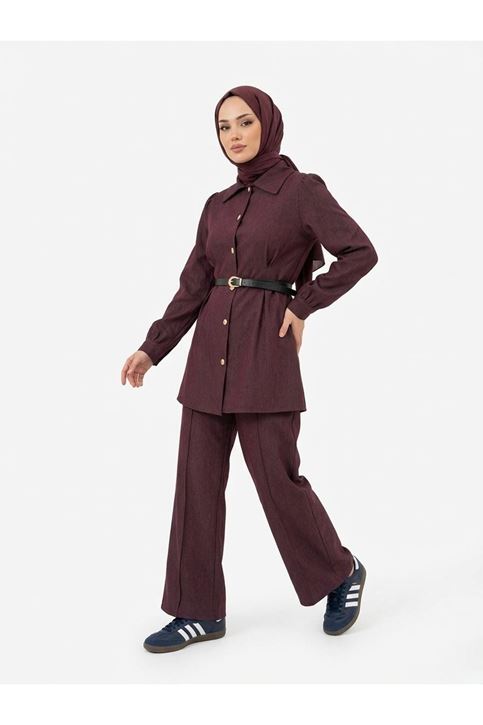Ön Arka Pensli Pantolonlu Takım-Bordo