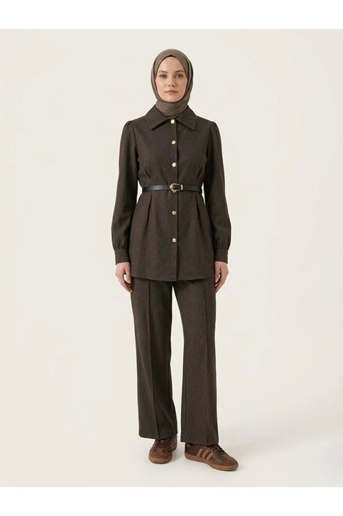 Ön Arka Pensli Pantolonlu Takım-Kahve