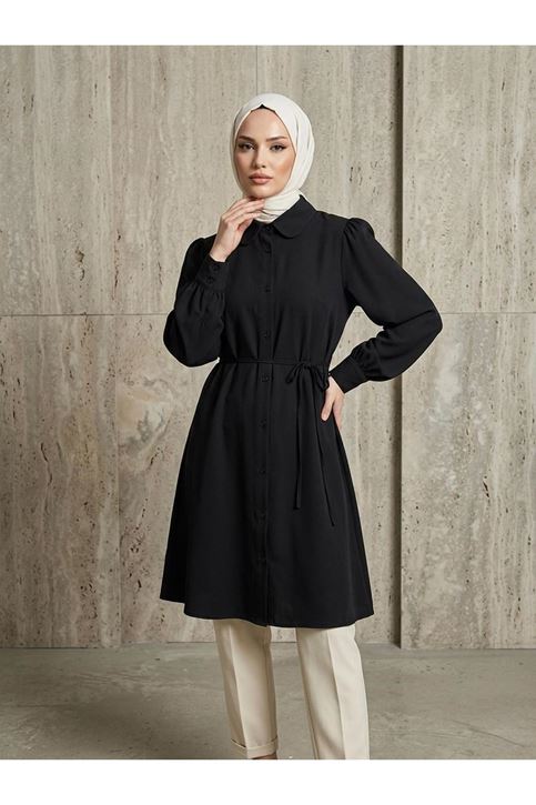 Bebe Yaka Omuz Kol Büzgülü Tunik-Siyah