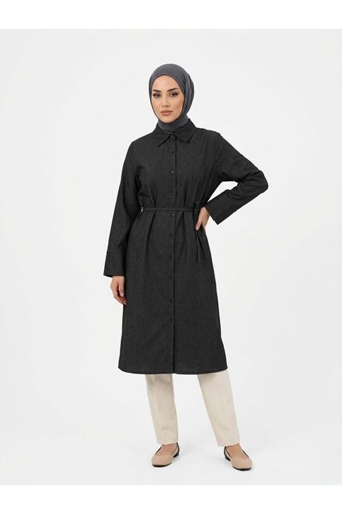 Biye Detay Uzun Tunik-Siyah