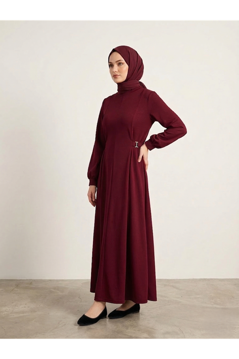 Kuşak Toka Detay Elbise-Bordo