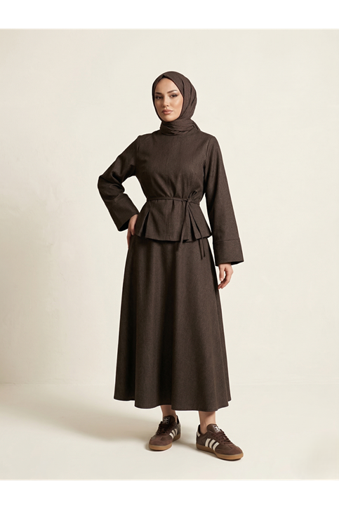 Arka Fermuar  Detay Etekli Takım-Kahve