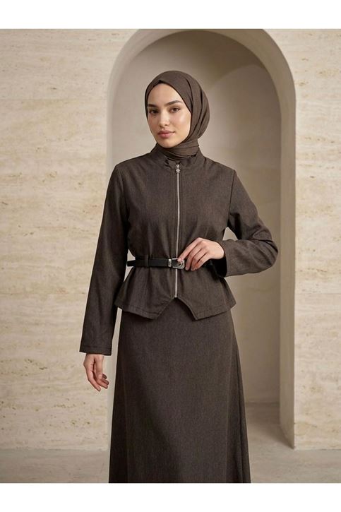 Fermuar Detay Etekli Takım-Kahve