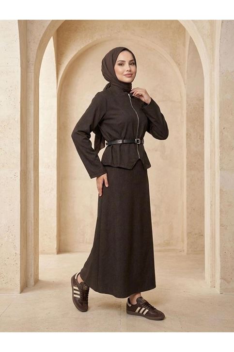 Fermuar Detay Etekli Takım-Kahve