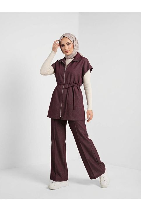 Yelek Fermuar Detay Pantolon Çımalı Takım-Bordo