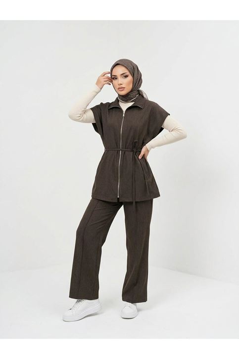 Yelek Fermuar Detay Pantolon Çımalı Takım-Kahve