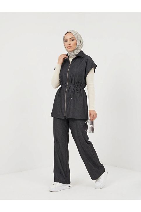 Yelek Fermuar Detay Pantolon Çımalı Takım-Siyah