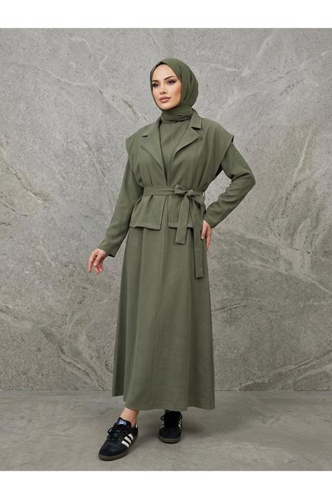 Yelekli İkili Elbise-Haki