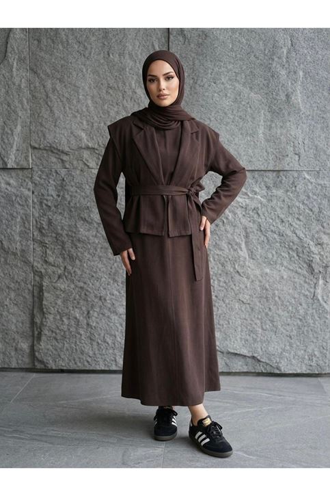 Yelekli İkili Elbise-Kahve
