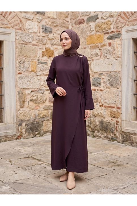 Omuz Pİle Toka DetayTensel  Elbise-Bordo
