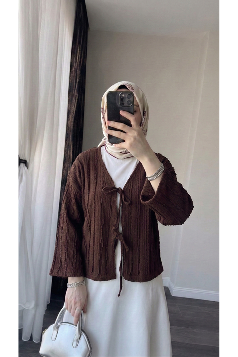 Pileli Ön İki Bağlamalı Tunik-Kahve