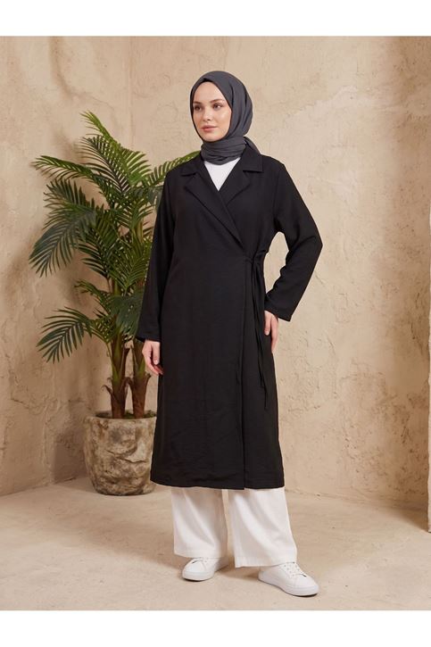 Yakalı Yandan Bağlamalı Kısa Ceket-Siyah