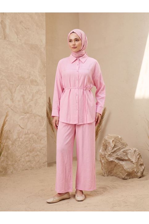 Ön Roba Detay Pantolonlu Takım-Pembe