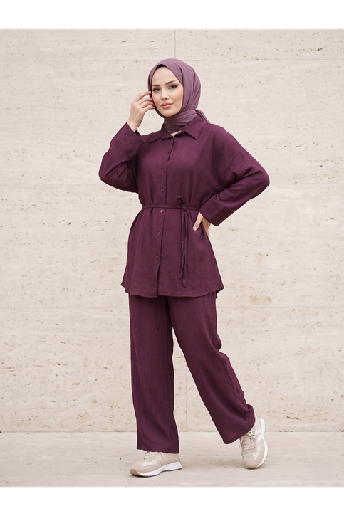 Takma Manşet Pantolonlu Takım-Bordo