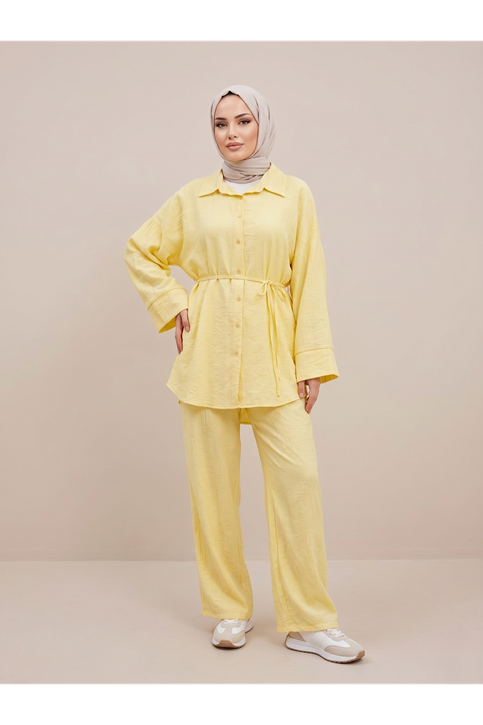 Takma Manşet Pantolonlu Takım-Sarı