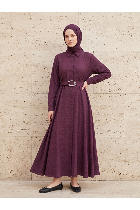 Yakalı Patlı Elbise-Bordo