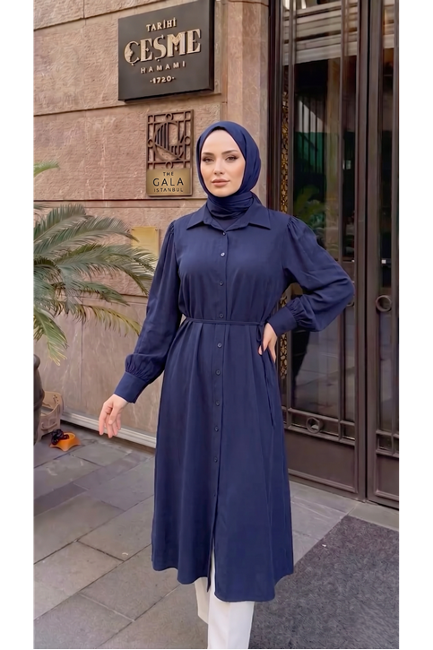 Yakalı Uzun Kupra Tunik-Lacivert