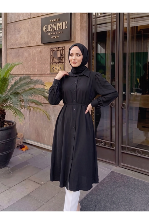 Yakalı Uzun Kupra Tunik-Siyah