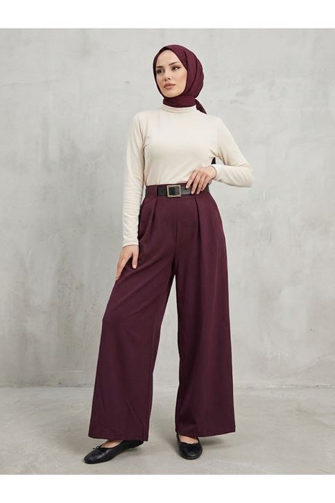 Pileli Kemer Detay Pantolon-Bordo