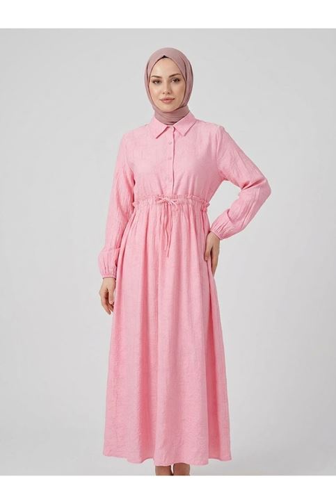Bel Fırfır Detay Yarım Pat Elbise-Pembe