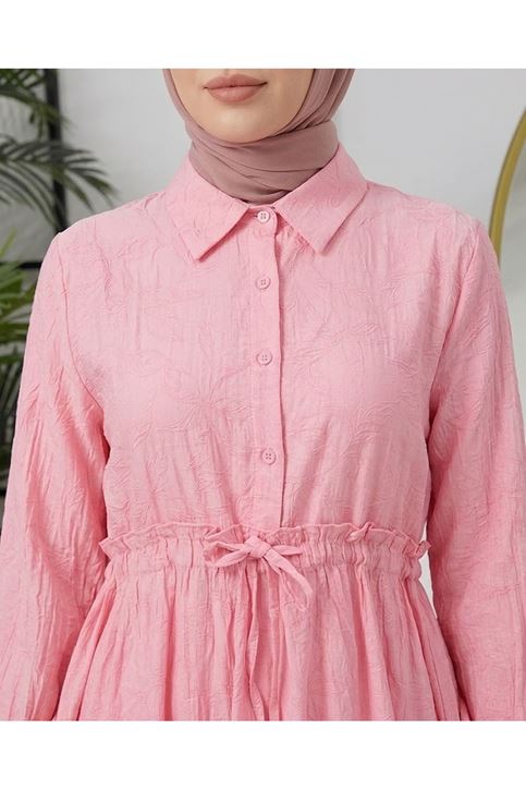 Bel Fırfır Detay Yarım Pat Elbise-Pembe