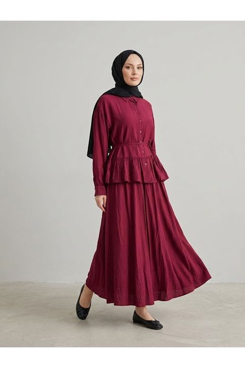 Büzgülü Etekli Çilek Takım-Bordo