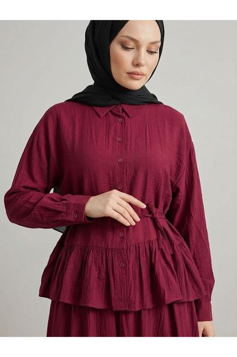 Büzgülü Etekli Çilek Takım-Bordo