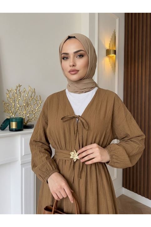 Kuşak Aksesuar Detay BAĞLAMALI eLBİSE-Taba