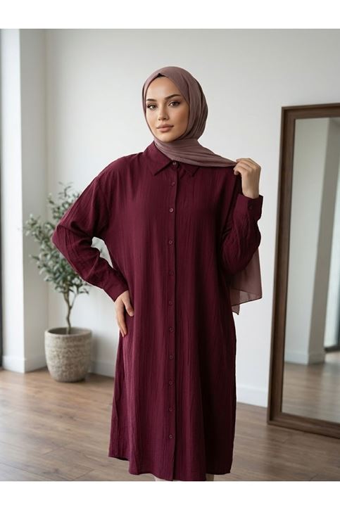 Arka A Pile Uzun Tunik-Bordo