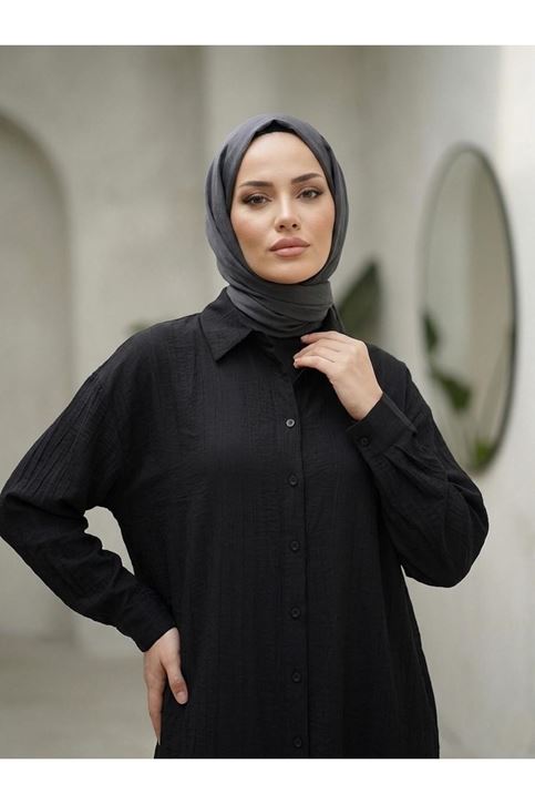 Arka A Pile Uzun Tunik-Siyah