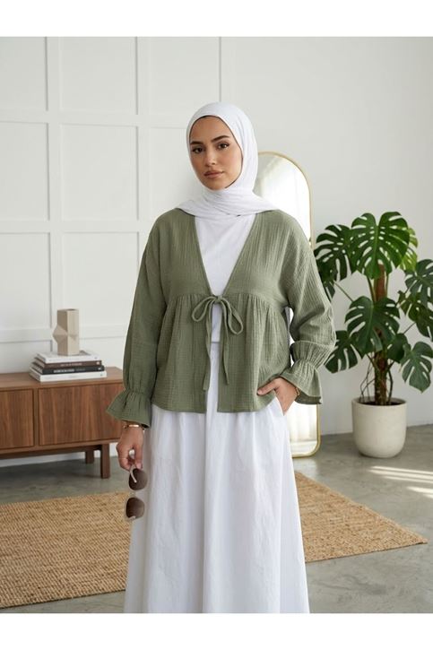 Önü Bağlamalı Kısa Kimono-Haki