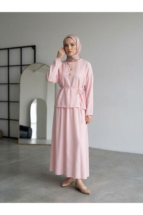 Arka Fermuarlı Etekli Takım-Pembe
