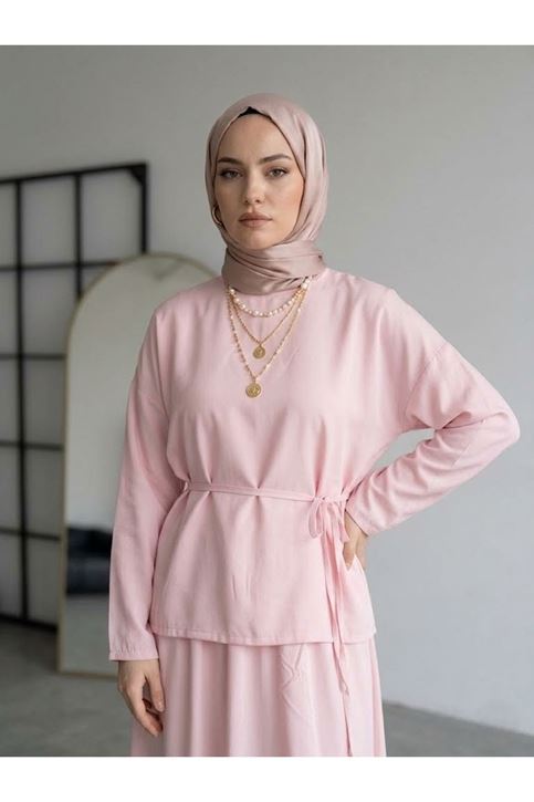 Arka Fermuarlı Etekli Takım-Pembe