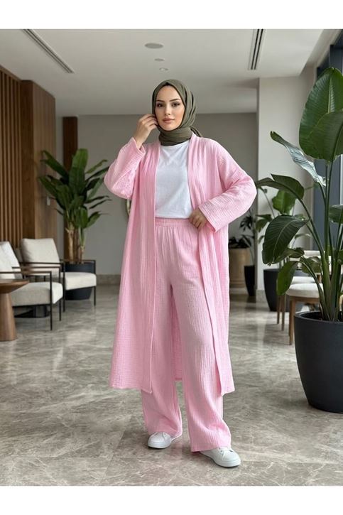 Uzun Hırka Pantolonlu Takım-Pembe