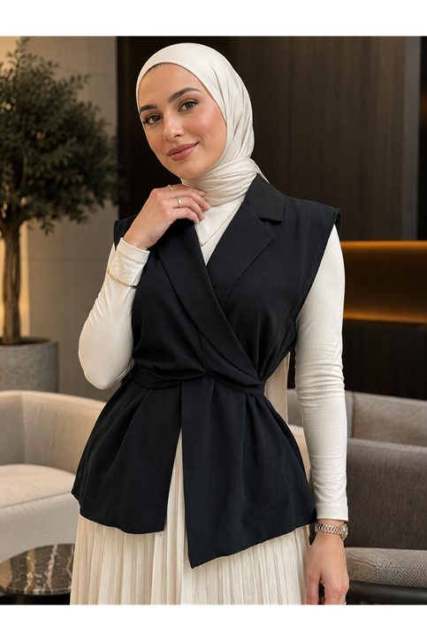 Yaka Bağlamalı Yelek-Siyah