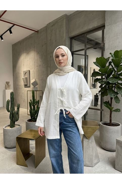 Üç Bağcıklı MüslinTunik-Ekru