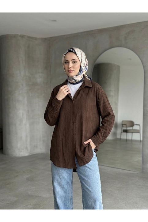 Kendinden Çizgili Tunik-Kahve
