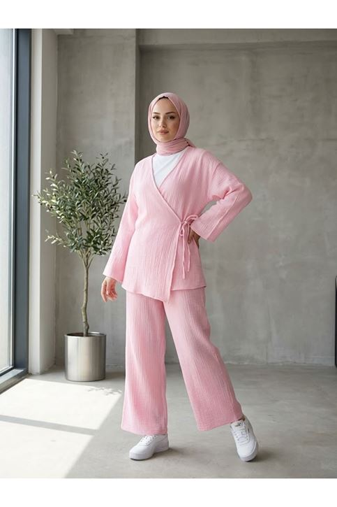 Yan Bağlamalı Müslin Takım-Pembe