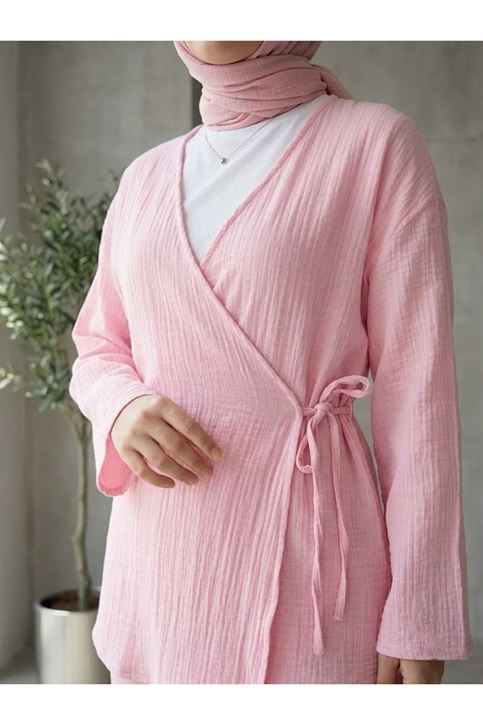Yan Bağlamalı Müslin Takım-Pembe