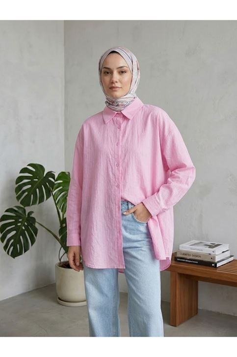 Kendinden Çizgili Tunik-Pembe