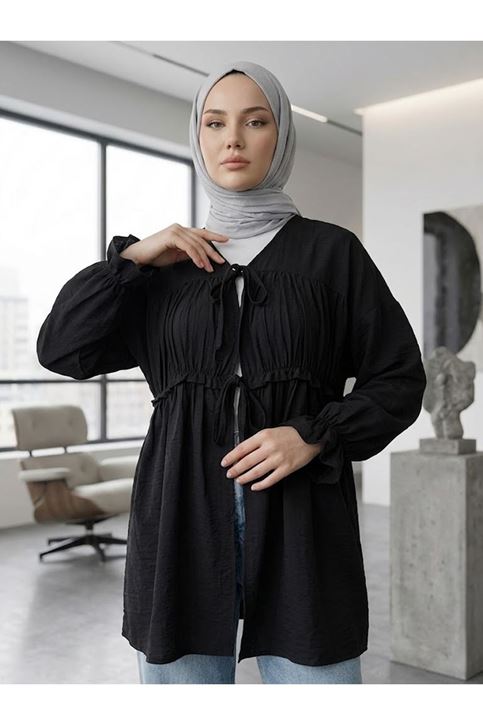 Büzgülü Bağlamalı Tunik-Siyah