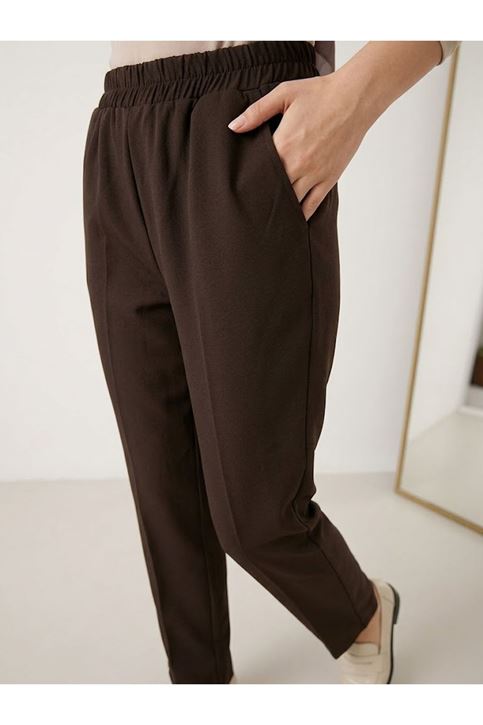 Bel Lastik Düz Paça Pantolon-Kahve