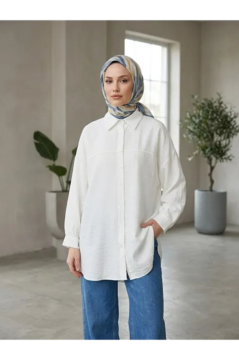 Ön Roba Detaylı Tunik-Ekru