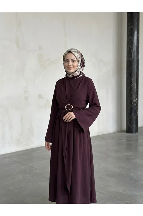 Önü Bağlamalı Aksesuar Detay Elbise-Bordo